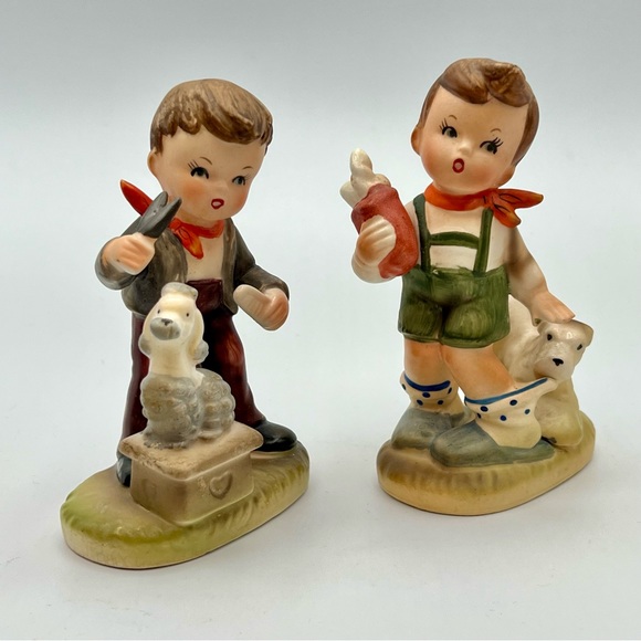 Vintage Arnart Japan Porcelain Figurines MCM Hummel Style Boys with Dogs 1960s - Picture 1 of 7